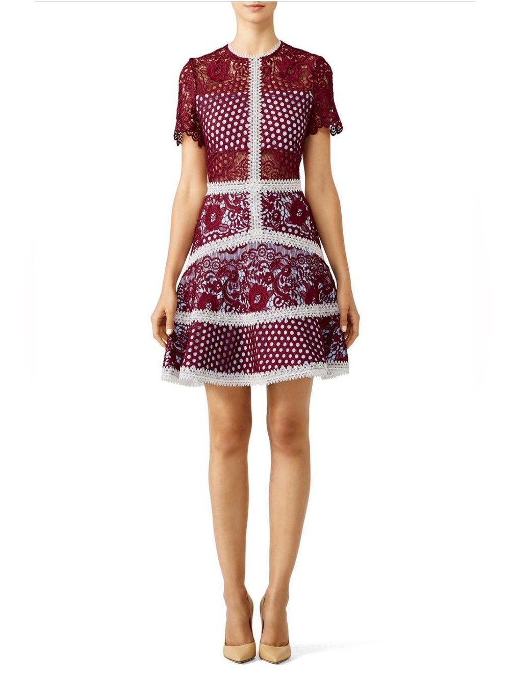 Alexis~Burgundy Rustikan Lace & Mini Dress with White Trim~Size Small~$655~
